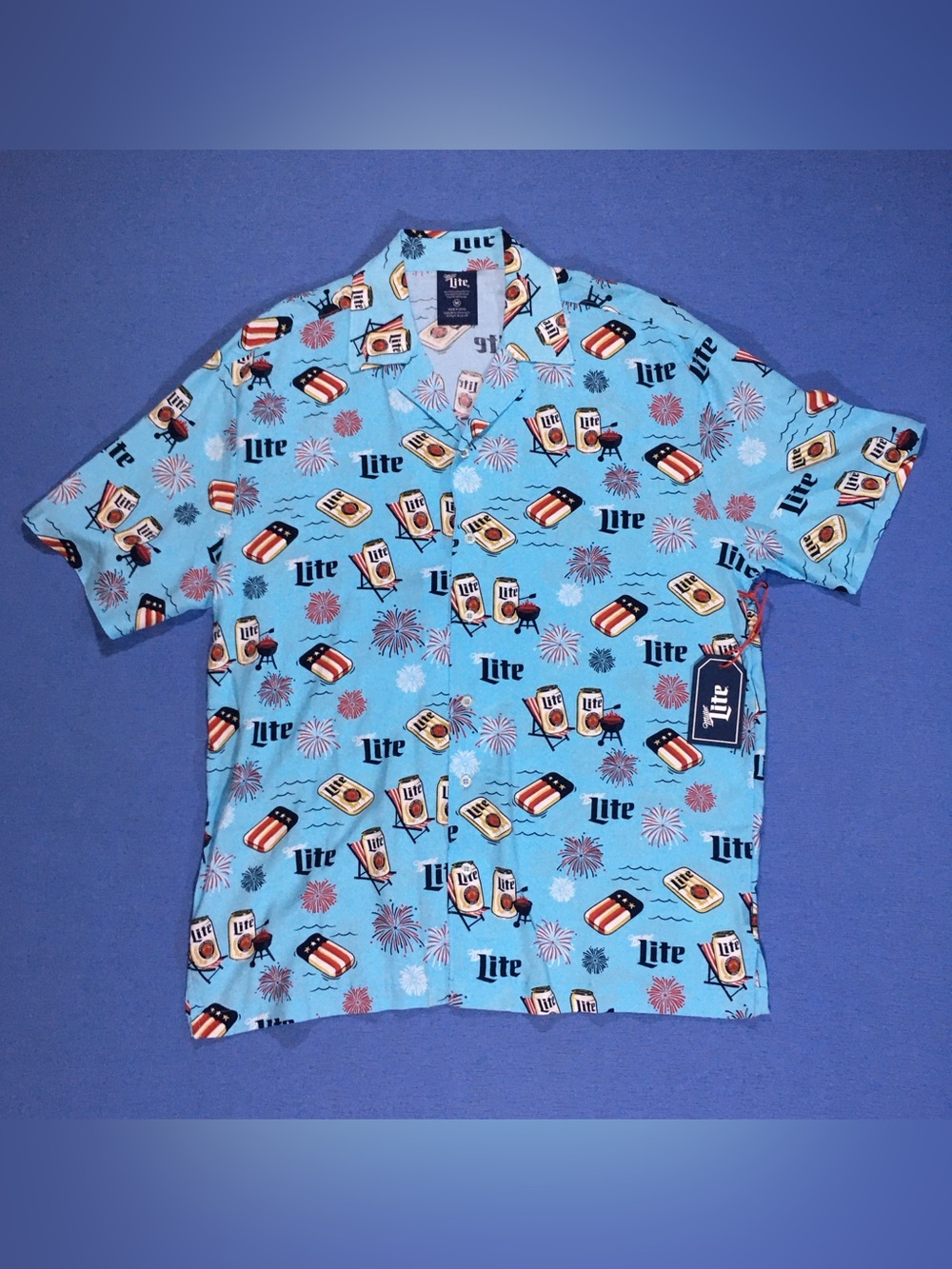 Miller Lite Mens 4th of July Patriotic Light Blue Size Medium Button Up Shirt